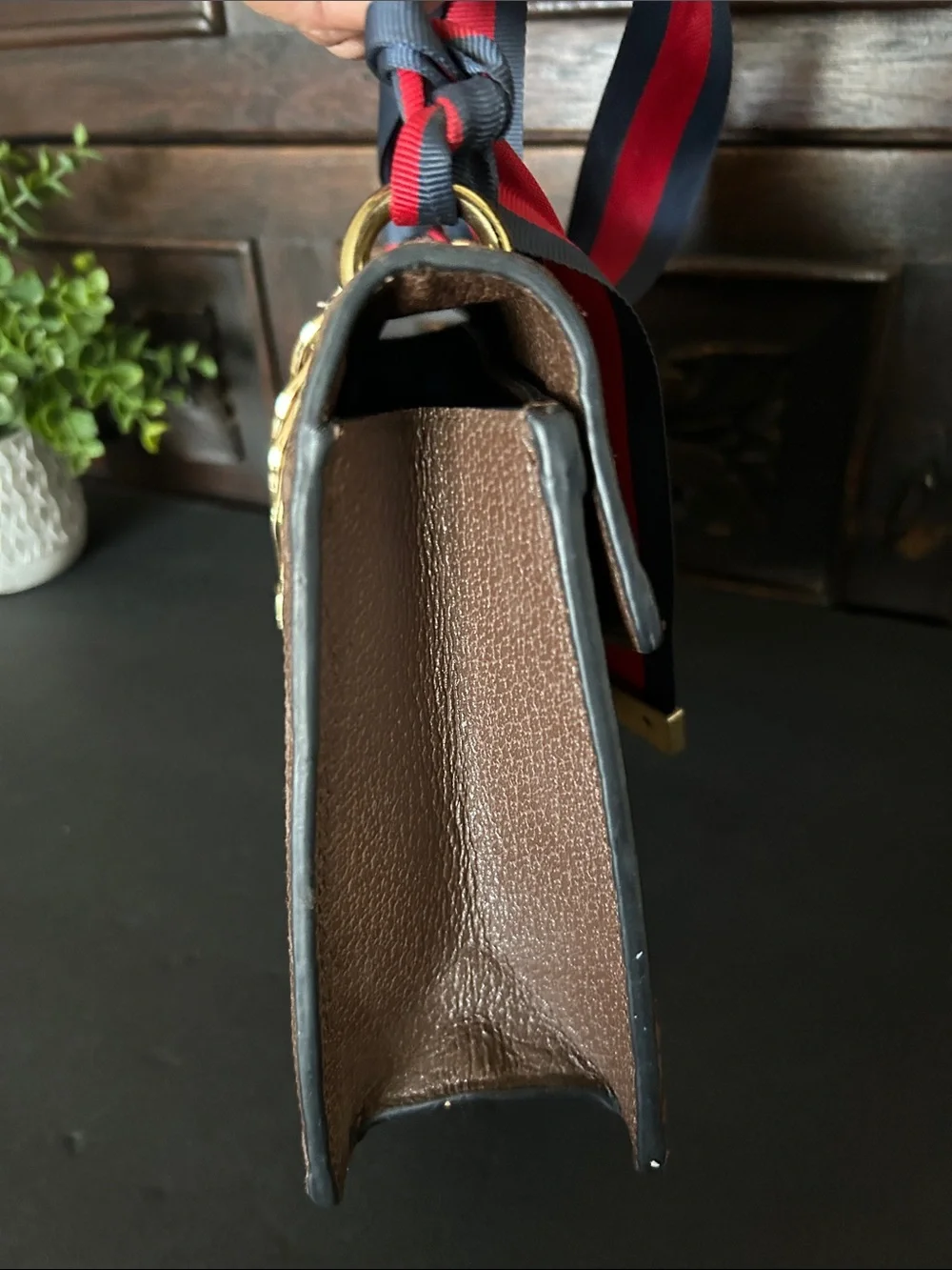 Beautiful Beige Crossbody with Green and Red-Blue Web Strap